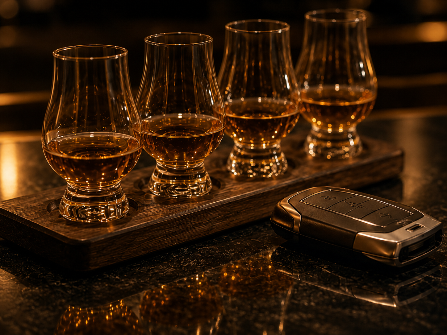 Bourbon tasting glasses on a dark bar