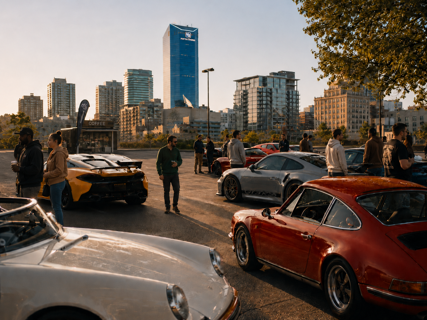 Members gathered around sports cars during a cars and coffee event