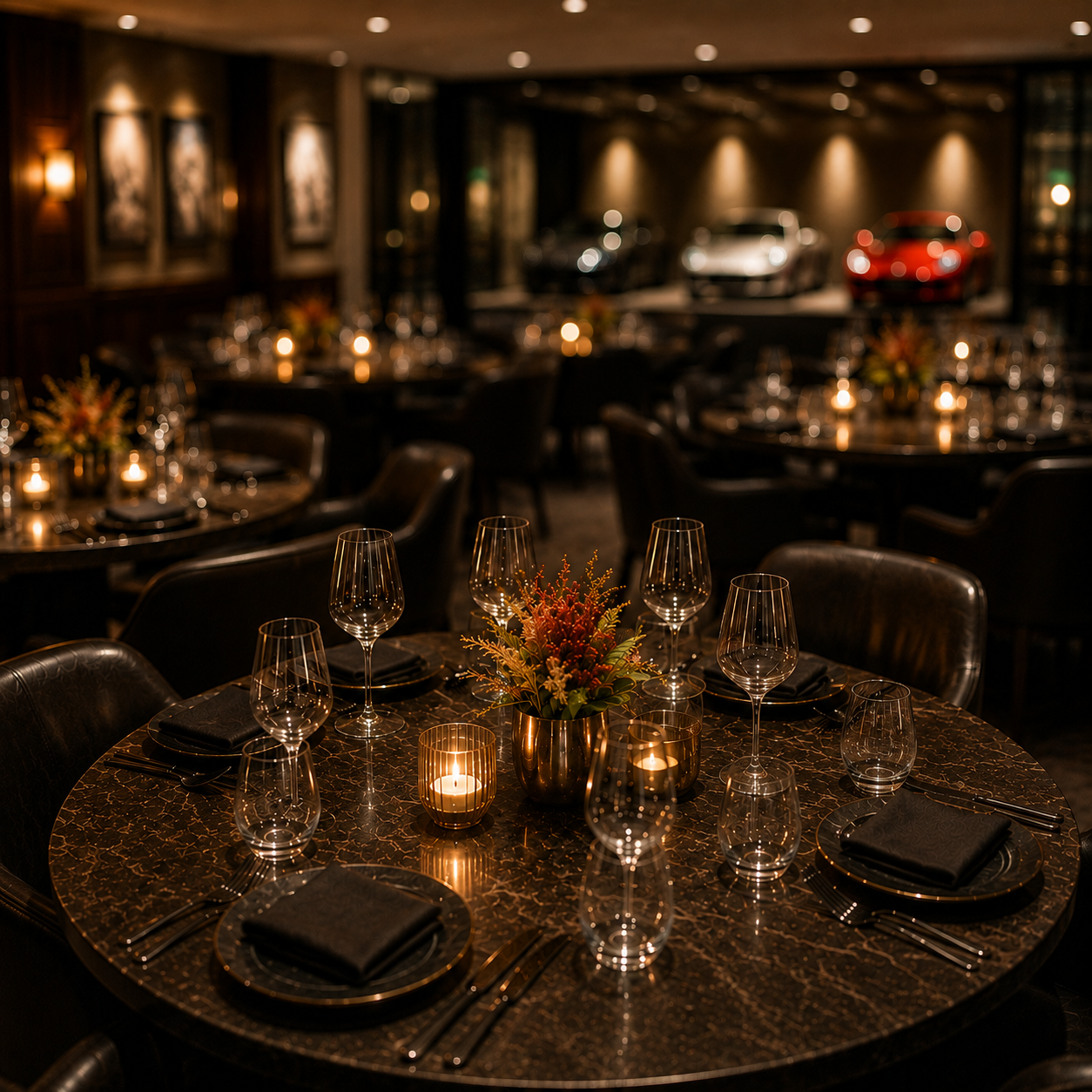 An intimate chef dinner table in warm low light