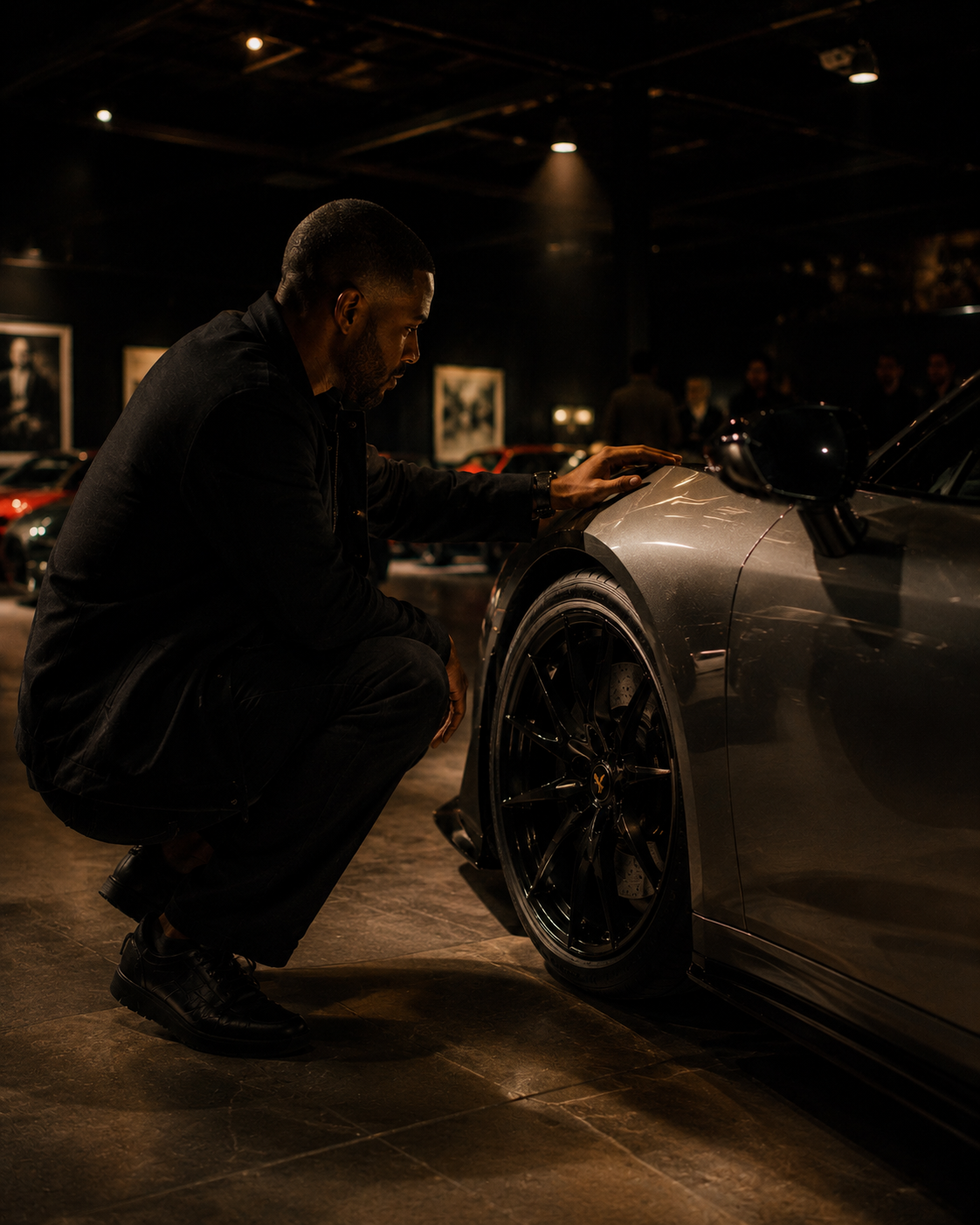 A member inspecting a car on The Compound display floor